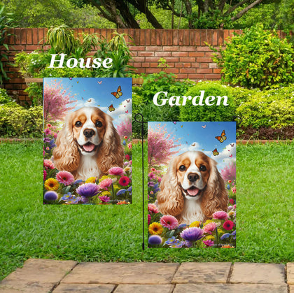 Cocker Spaniel Buff/White - Best of Breed  Spring Butterflies Outdoor House and Garden Flag