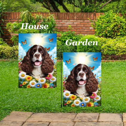Cocker Spaniel Chocolate/White - Best of Breed  Summer Butterflies Outdoor House and Garden Flag