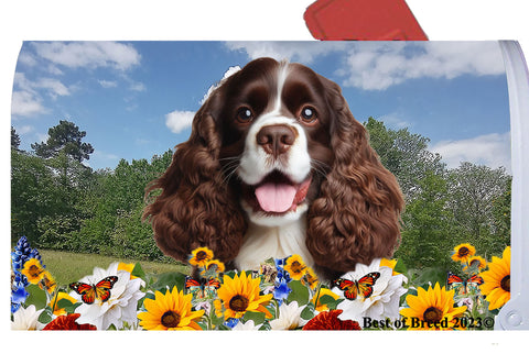 Cocker Spaniel Chocolate/White - Best of Breed Summer Flowers Mailbox Cover Hi-Grade Vinyl 6" x 19"