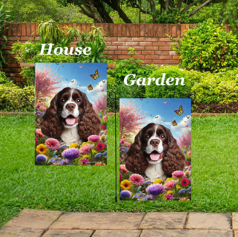 Cocker Spaniel Chocolate/White - Best of Breed  Spring Butterflies Outdoor House and Garden Flag