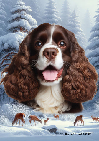 Cocker Spaniel Chocolate/White - Best of Breed  Winter Wonderland Outdoor House and Garden Flag