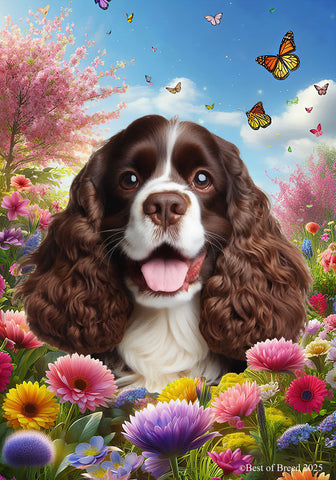 Cocker Spaniel Chocolate/White - Best of Breed  Spring Butterflies Outdoor House and Garden Flag