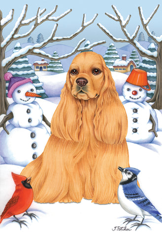 Cocker Spaniel Buff - Best of Breed Tomoyo Pitcher Winter Snowman Garden Flag 12" x 17"