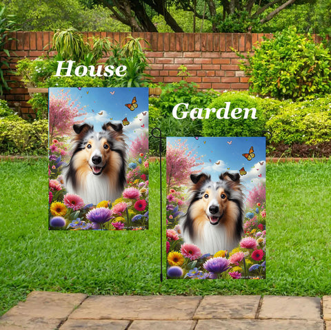 Collie Blue Merle - Best of Breed  Spring Butterflies Outdoor House and Garden Flag