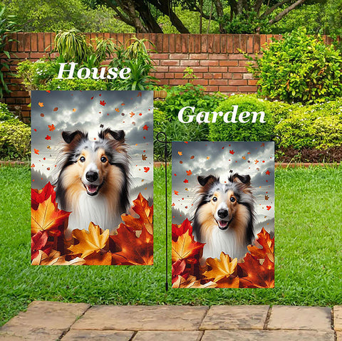 Collie Blue Merle - Best of Breed  Fall Leaves Outdoor House and Garden Flag