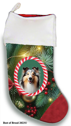 Collie Blue Merle - Best of Breed  Christmas Stocking 13.5"  Red Gaming Cloth with Red Lining ,Plush White Cuff