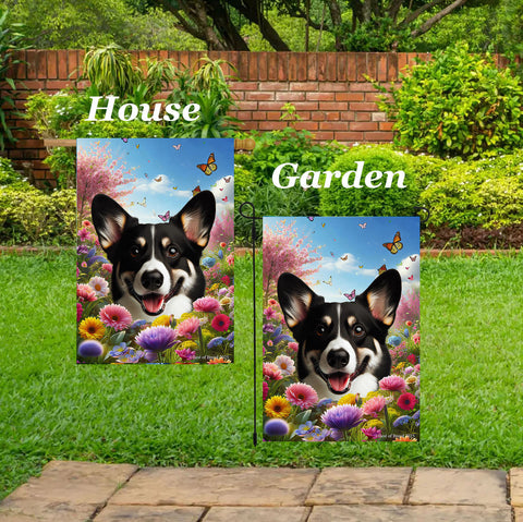 Corgi Cardigan Black/White - Best of Breed  Spring Butterflies Outdoor House and Garden Flag