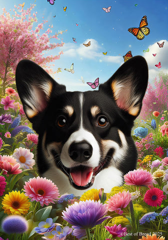 Corgi Cardigan Black/White - Best of Breed  Spring Butterflies Outdoor House and Garden Flag