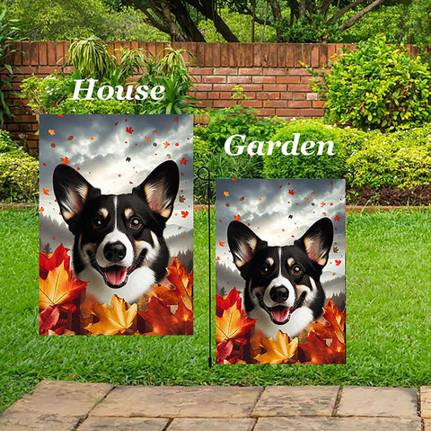 Corgi Cardigan Black/White - Best of Breed  Fall Leaves Outdoor House and Garden Flag