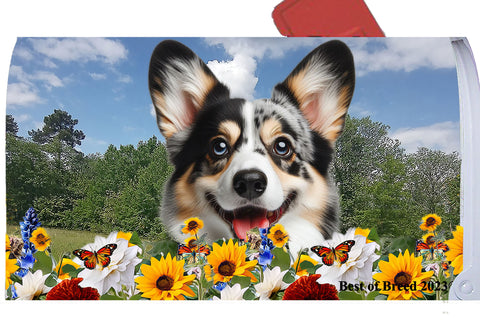 Corgi Cardigan Blue Merle - Best of Breed Summer Flowers Mailbox Cover Hi-Grade Vinyl 6" x 19"