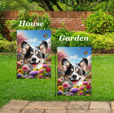 Corgi Cardigan Blue Merle - Best of Breed  Spring Butterflies Outdoor House and Garden Flag