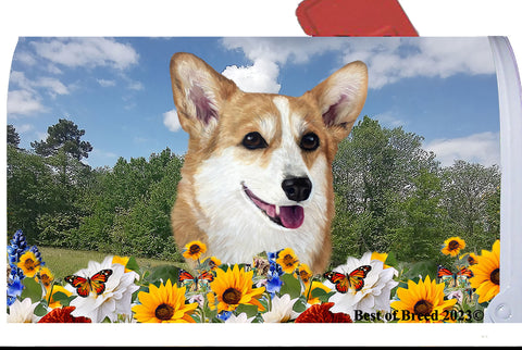 Corgi Pembroke Welsh Fawn/White - Best of Breed Summer Flowers Mailbox Cover Hi-Grade Vinyl 6" x 19"