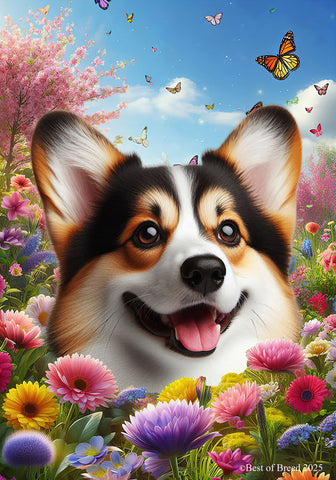 Corgi Pembroke Welsh Open Tri - Best of Breed  Spring Butterflies  House Outdoor House and Garden Flag