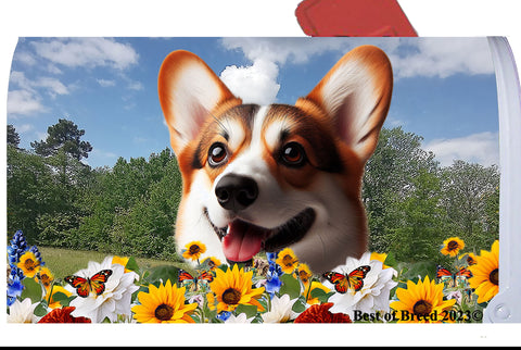 Corgi Pembroke Welsh Red/White - Best of Breed Summer Flowers Mailbox Cover Hi-Grade Vinyl 6" x 19"