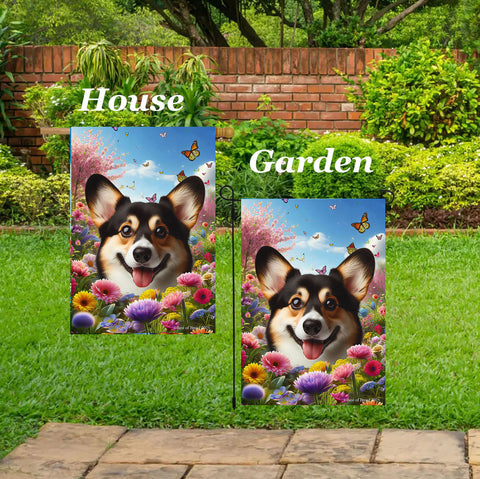 Corgi Pembroke Welsh Tri - Best of Breed  Spring Butterflies Outdoor House and Garden Flag
