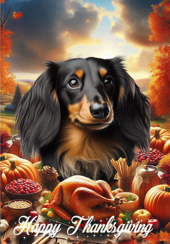 Dachshund  B/T Longhair - Best of Breed  Thanksgiving Outdoor House and Garden Flag