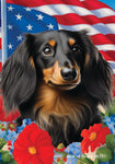 Dachshund  B/T Longhair - Best of Breed  Patriotic I All-American Outdoor House and Garden Flag