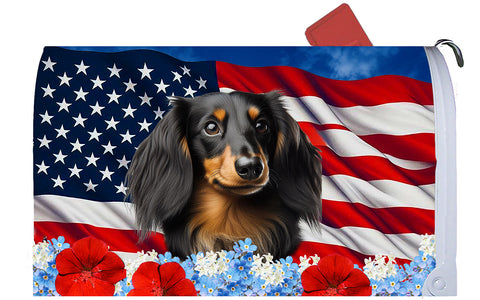 Dachshund  B/T Longhair - Best of Breed Patriotic Mailbox Cover Hi-Grade Vinyl 6" x 19"