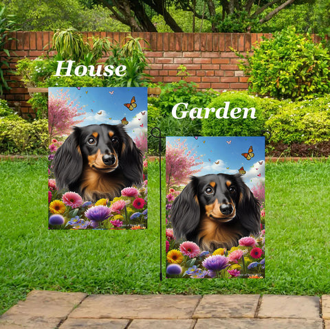 Dachshund  B/T Longhair - Best of Breed  Spring Butterflies Outdoor House and Garden Flag