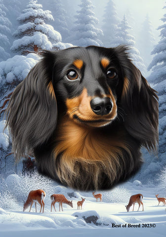 Dachshund  B/T Longhair - Best of Breed  Winter Wonderland Outdoor House and Garden Flag