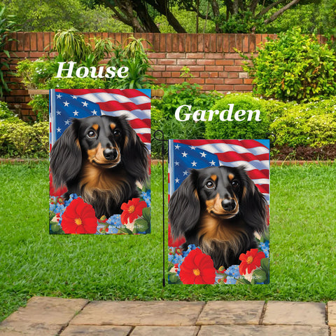 Dachshund  B/T Longhair - Best of Breed  Patriotic I All-American Outdoor House and Garden Flag