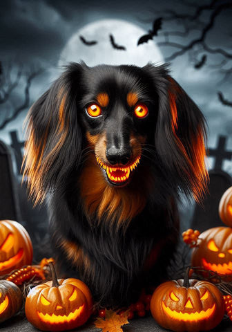 Dachshund Black/Tan Longhair - Best of Breed DCR Halloween Outdoor House and Garden Flag