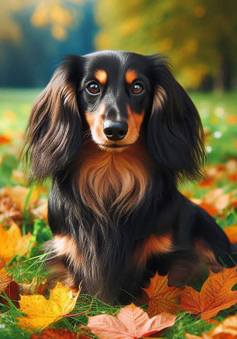 Dachshund Longhaired Black and Tan - Best of Breed DCR Falling Leaves Outdoor Flag