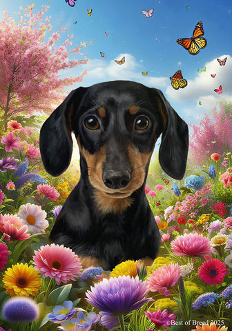 Dachshund Black/Tan - Best of Breed  Spring Butterflies Outdoor House and Garden Flag