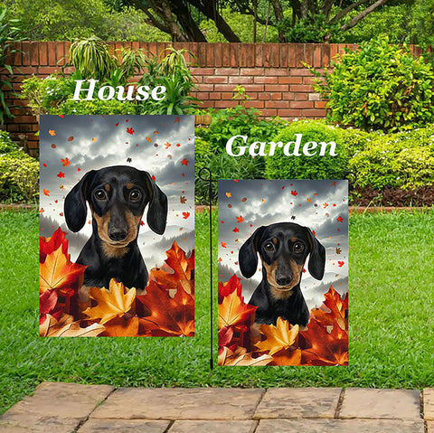 Dachshund Black/Tan - Best of Breed  Fall Leaves Outdoor House and Garden Flag