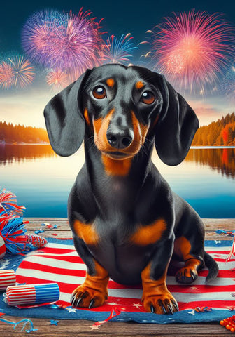 Dachshund Black and Tan Smooth - Best of Breed DCR July 4 Outdoor Flag