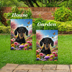 Dachshund Black/Tan - Best of Breed  Spring Butterflies Outdoor House and Garden Flag