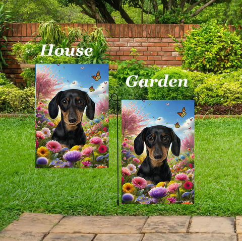 Dachshund Black/Tan - Best of Breed  Spring Butterflies Outdoor House and Garden Flag