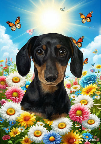 Dachshund Black/Tan - Best of Breed  Summer Butterflies Outdoor House and Garden Flag