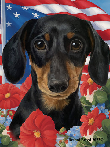 Dachshund Black/Tan - Best of Breed  Patriotic I All-American Outdoor House and Garden Flag