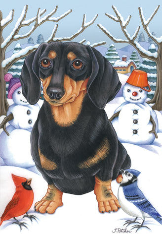 Dachshund  B/T - Best of Breed Tomoyo Pitcher Winter Snowman Garden Flag 12" x 17"