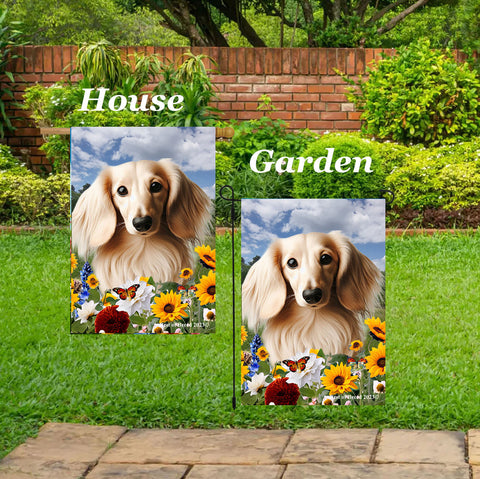 Dachshund Cream Longhaired - Best of Breed  Summer Fields Outdoor House and Garden Flag