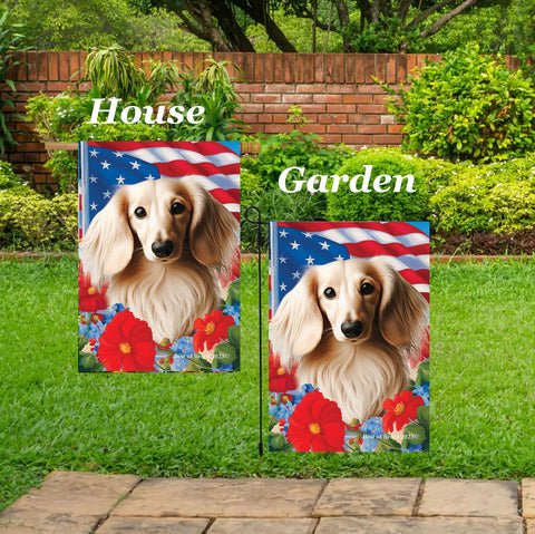 Dachshund Cream Longhaired - Best of Breed  Patriotic I All-American Outdoor House and Garden Flag