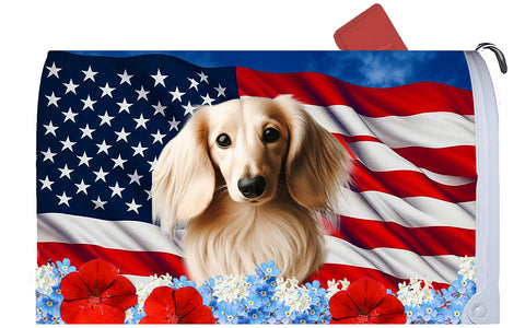 Dachshund Cream Longhaired - Best of Breed Patriotic Mailbox Cover Hi-Grade Vinyl 6" x 19"