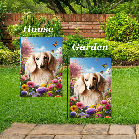 Dachshund Cream Longhaired - Best of Breed  Spring Butterflies Outdoor House and Garden Flag