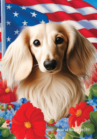 Dachshund Cream Longhaired - Best of Breed  Patriotic I All-American Outdoor House and Garden Flag