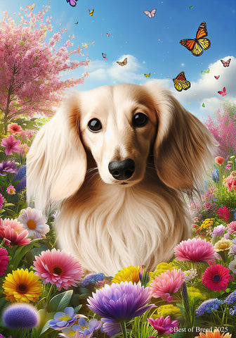 Dachshund Cream Longhaired - Best of Breed  Spring Butterflies Outdoor House and Garden Flag