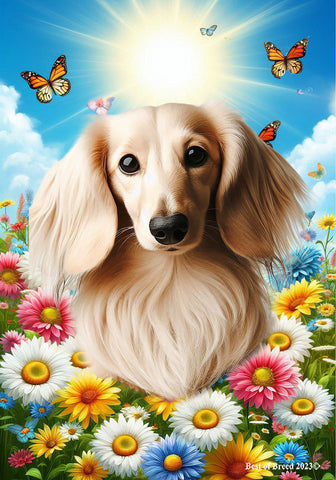 Dachshund Cream Longhaired - Best of Breed  Summer Butterflies Outdoor House and Garden Flag