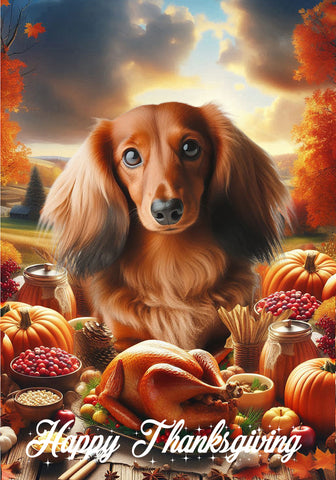 Dachshund  Red Longhaired - Best of Breed  Thanksgiving Outdoor House and Garden Flag