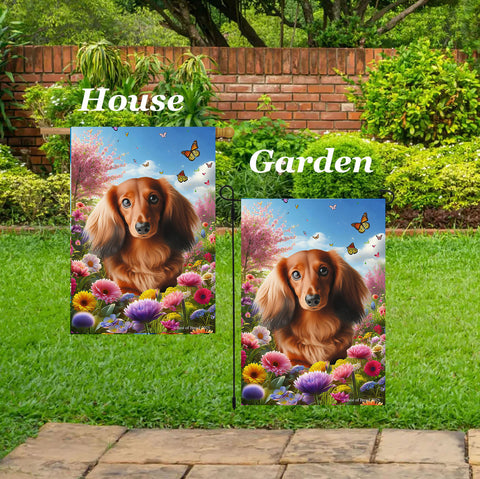 Dachshund  Red Longhaired - Best of Breed  Spring Butterflies Outdoor House and Garden Flag