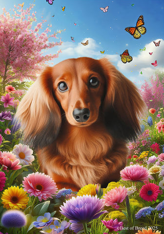 Dachshund  Red Longhaired - Best of Breed  Spring Butterflies Outdoor House and Garden Flag