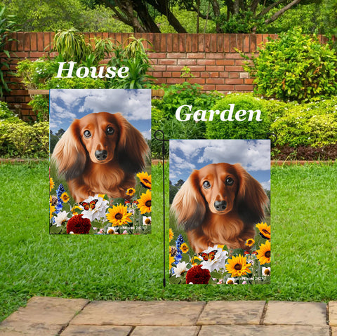 Dachshund  Red Longhaired - Best of Breed  Summer Fields Outdoor House and Garden Flag