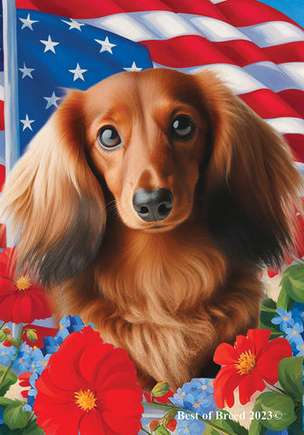 Dachshund  Red Longhaired - Best of Breed  Patriotic I All-American Outdoor House and Garden Flag