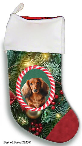 Dachshund  Red Longhaired - Best of Breed  Christmas Stocking 13.5"  Red Gaming Cloth with Red Lining ,Plush White Cuff