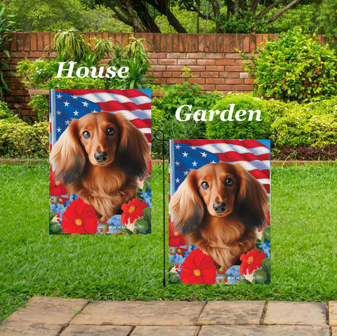 Dachshund  Red Longhaired - Best of Breed  Patriotic I All-American Outdoor House and Garden Flag