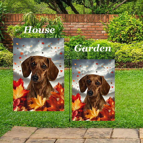 Dachshund Red Smooth - Best of Breed  Fall Leaves Outdoor House and Garden Flag